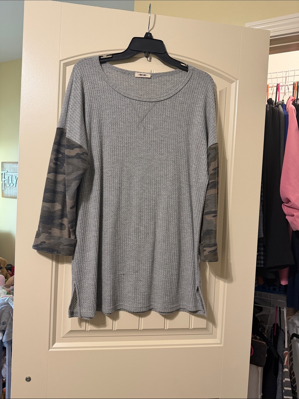 First Love Gray Ribbed Tunic with Olive Camo Sleeves